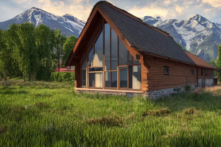 Image similar to modern fachwerk house cottage settlement with Elbrus mountain on the background, architecture, 3d render 8k , high details
