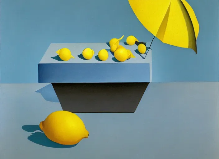 Image similar to abstract composition with lemons and umbrellas, oil on canvas, in the style of Rene Magritte,