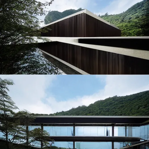 Prompt: a building in a stunning landscape by kengo kuma