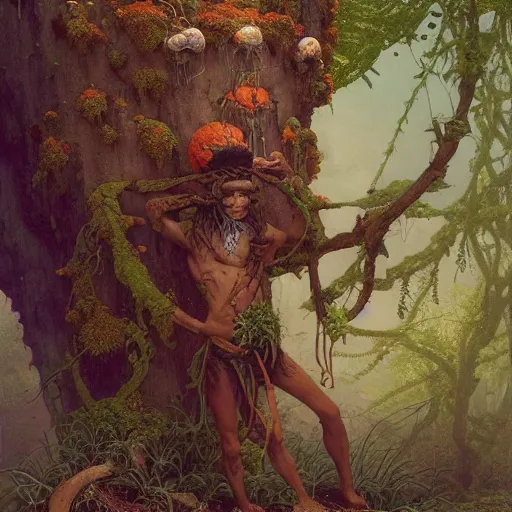 Prompt: Rootpunk Physique Portrait of a Shaman Guy wearing an ivy costume lichen disguised as a human standing atop a red clay pot greg rutkowski jen bartel peter mohrbacher anna podedworna arthur rackham salvador dali octavio ocampo jacek yerka winslow homer norman rockwell uta natsume prismacolor tombow quill