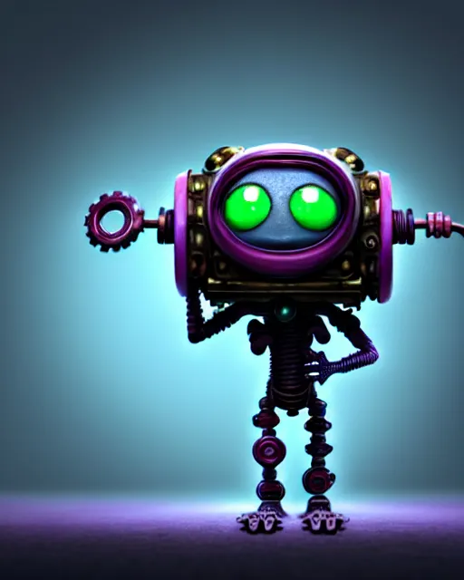 Image similar to a tiny cute cyberpunk monster with cogs rods bolts big eyes smiling waving, back view, isometric 3 d, ultra hd, character design by mark ryden pixar hayao miyazaki, unreal 5, daz, hyperrealistic, octane render, cosplay, rpg portrait, dynamic lighting, intricate detail, front lighting, cinematic, symmetrically isometrically centered