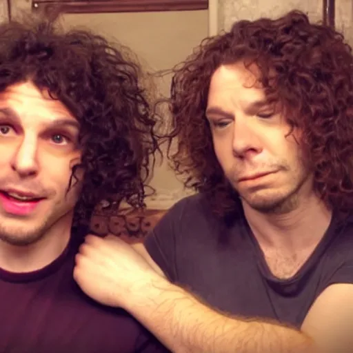 Image similar to a photo of dan avidan and arin hanson in the backrooms, horror, hd, 4 k, soft vignette