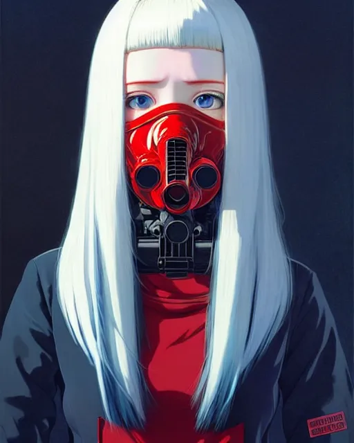 Image similar to white haired cyborg girl wearing a gas mask and red dress | | audrey plaza, fine detail!! anime!! realistic shaded lighting!! poster by ilya kuvshinov katsuhiro otomo ghost - in - the - shell, magali villeneuve, artgerm, jeremy lipkin and michael garmash and rob rey