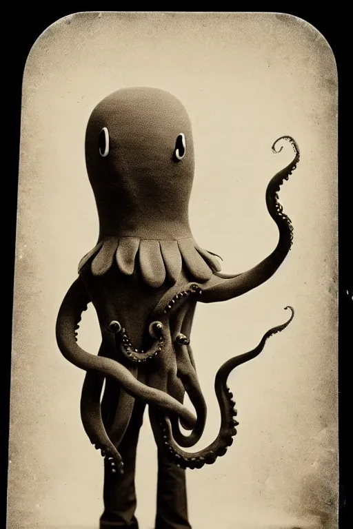 Prompt: anthropomorphic octopus , wearing a suit, vintage photograph, sepia