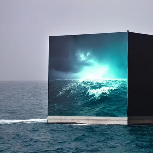 Prompt: a cube in the middle of the sea with images of a tumultuous sea squall on its sides. in the style of Richard Serra