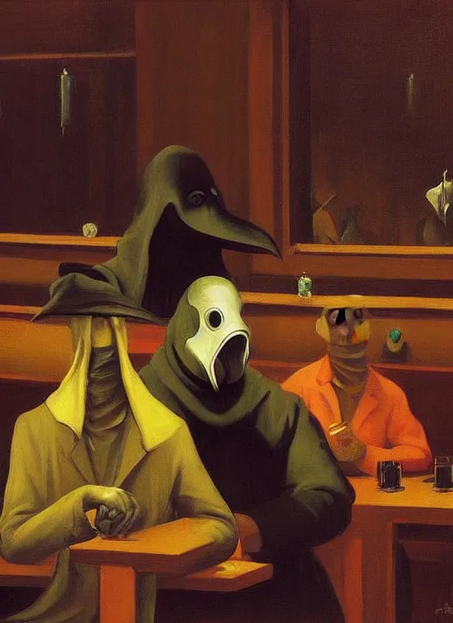 Image similar to plague doctor sitting at a crowded restaurant Edward Hopper and James Gilleard, Zdzislaw Beksinski highly detailed