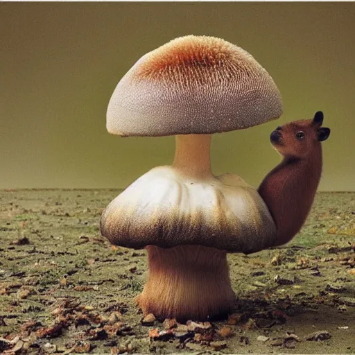 Image similar to Annie Leibovitz photograph of a hybrid between a capybara and a mushroom