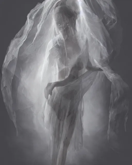 Prompt: professional render of an ethereal ghostlike figure fluid simulation in houdini dancing in dark smoke robes and silk veils by ilm, paolo roversi, nick knight, gill elvgren, beautiful simplified form distorted by turbulent movement, dark studio background, vivid, romantic, trending on artstation, hyperrealism, matte painting, dutch golden age, fine detail, cgsociety