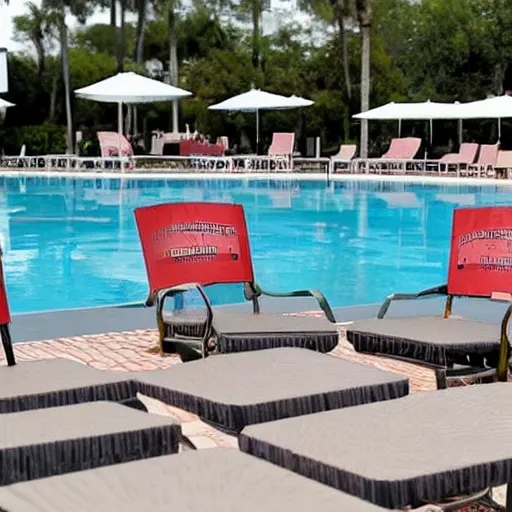 Image similar to scattered papers and cardboard boxes on chairs by the the pool at a florida country club, ap, news photo