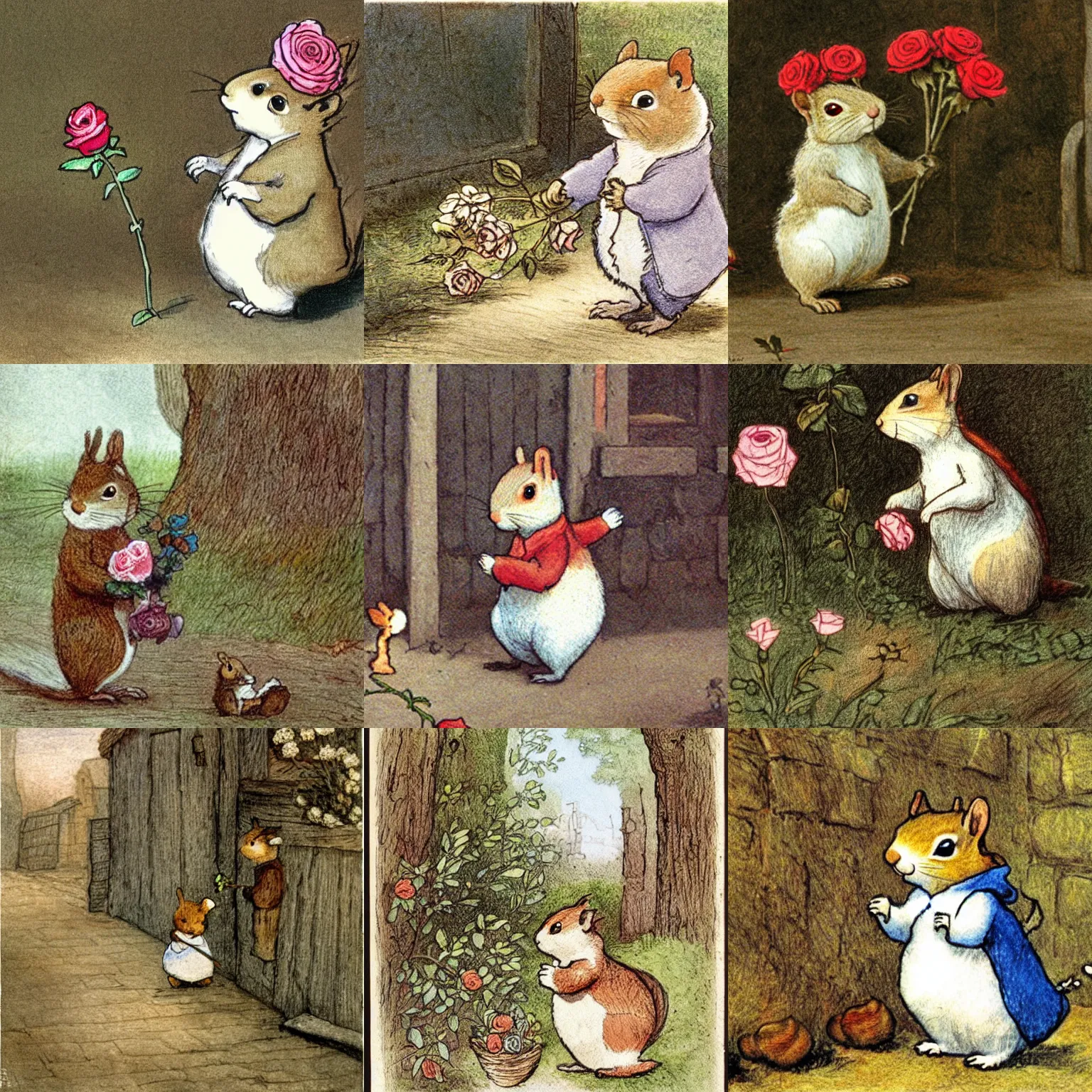 Prompt: little squirrel selling roses is walking down the street, beatrix potter