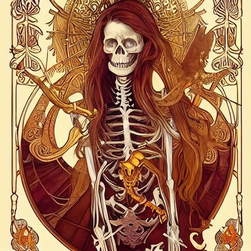 Image similar to skeleton with sickle, highly detailed, very intricate, art nouveau, gold filigree, tarot concept art watercolor illustration by mandy jurgens and alphonse mucha and alena aenami, featured on artstation