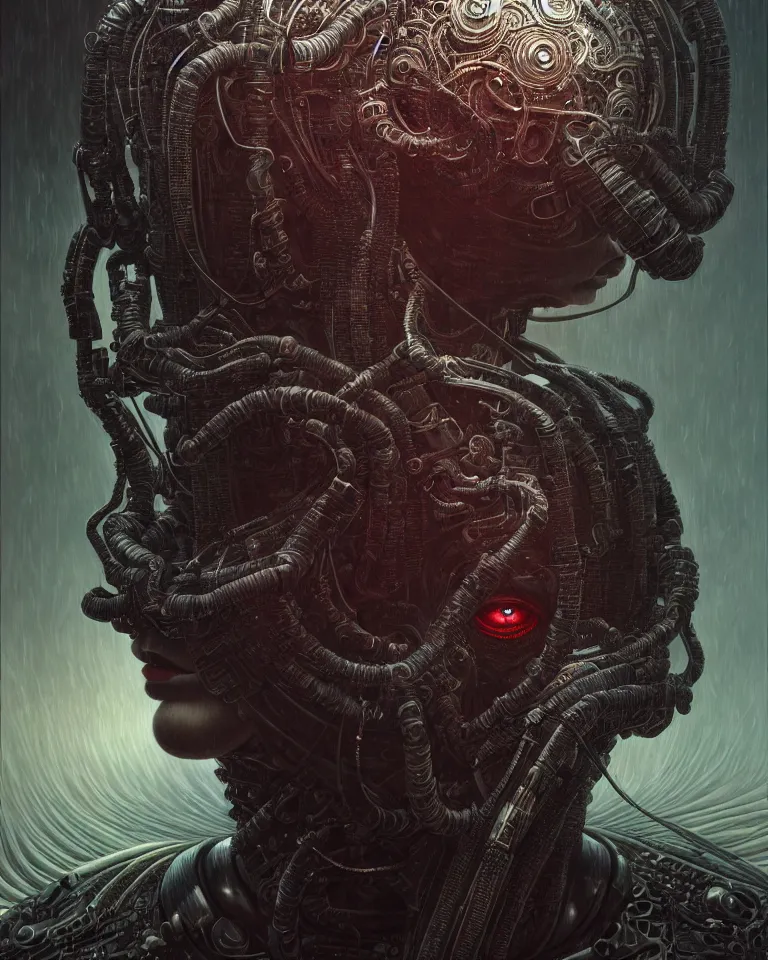 Image similar to ultra realist intricate detailed portrait of a dark samurai cyberpunk girl in an alien landscape, insanity, accurate features, apocalyptic, very intricate details, 8 k resolution, dim lighting, volumetric lighting, artstyle, zdzisław beksinski and keith thompson, award winning