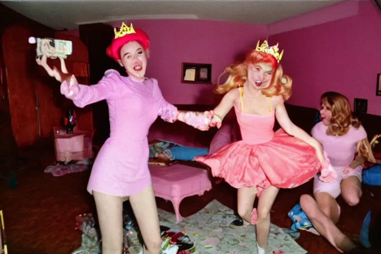 Image similar to a funny unexpected photo made with a disposable camera of a real life Princess Peach having fun in my livingroom, in color