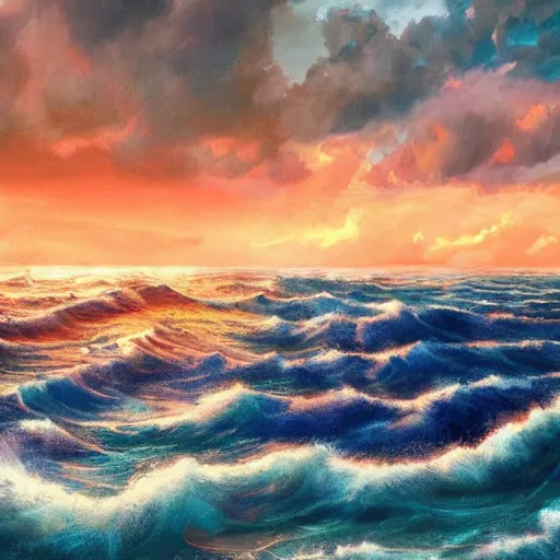 Prompt: An extremely tumultuous ocean!!!!! stretching as far as the eye can see, with overhead cloudy!!!!! skies, photorealistic imagery, sunset atmosphere, beautiful!!!!! and oily art style, trending on arstation, 4k, 8k