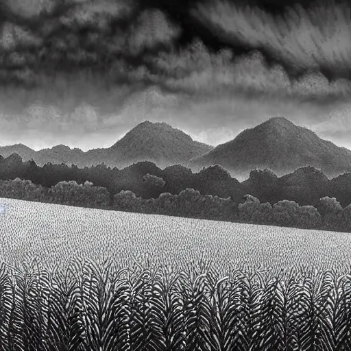 Image similar to Fields and mountains by Kentaro Miura, highly detailed, black and white