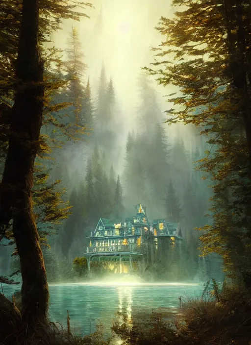 Image similar to cinematic snapshot of the epic concept art white castle in the valley by the lake, around the forest beautiful, realistic poster with volumetric light from craig mallism, artgerm, jeremy lipkin and michael garmash, unreal engine, radiant light, detailed and complex environment, digital art, trends at art station