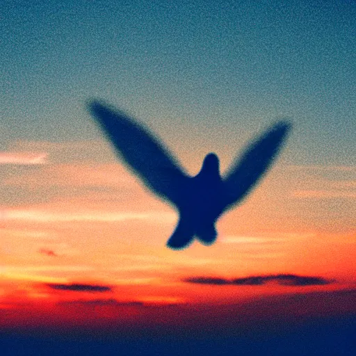 Image similar to Realistic shot of a glowing dove flying over the clouds at sunset, ethereal, vintage photograph, film grain, surreal, awe-inspiring, highly detailed