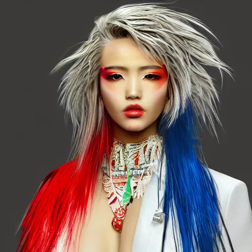 Image similar to Japanese model with maximalist hair style and makeup, bright colors, fashion model, unreal engine octane, red and white, portrait, gliter, depth of field, 8k, hyper detailed, intricate, trending on artstation