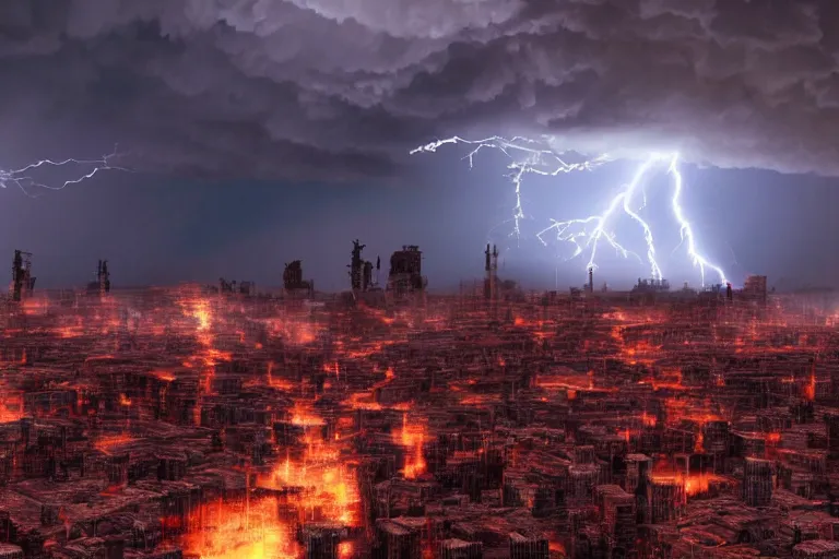 Image similar to a photo of a cloud made of fire and lightning looming over a dystopian city, photorealistic, 8 k