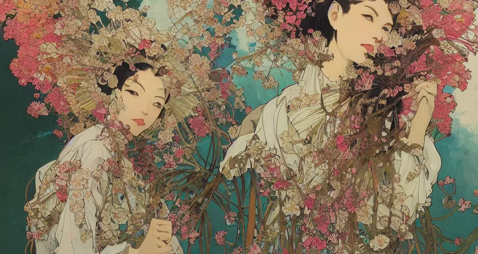 Image similar to oil painting, long shot, beautiful floralpunk japanese bio mechanical female walking illustration detailed patterns art of japan traditional dress, flower pop art, floral splash painting, art by ashley wood, alphonse mucha, makoto shinkai, geof darrow, dark shadow