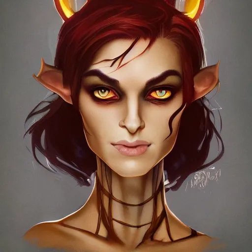 Image similar to dnd character portrait of a tanned half - elf with messy short red hair and yellow eyes with slit pupils, beautiful and androgynous with catlike features and dark skin, glowing, golden hour, wearing a stylish men's suit, realistic painting by ross tran and gerald brom and alphonse mucha, trending on artstation