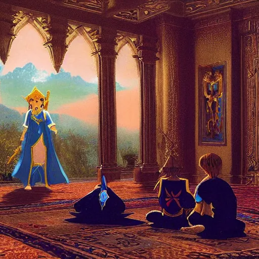 Prompt: hyrule palace, legend of zelda, by jean - leon gerome, otto pilny, adrien henri tanoux, giulio rosati, orientalism painting