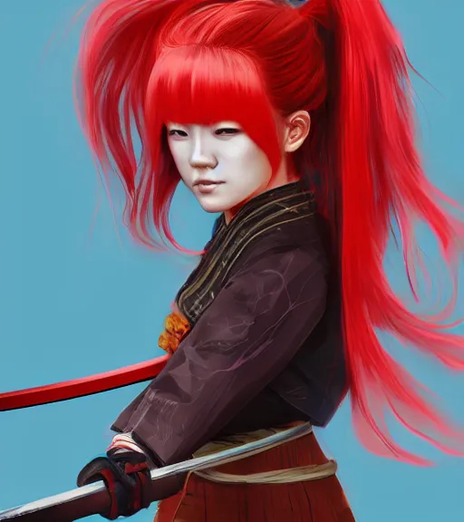 Image similar to a girl with red hair holding a katana, samurai outfit, japanese clothes, ponytail, action shot, highly detailed, digital painting, artstation, concept art, smooth, sharp focus, kunoichi, illustration