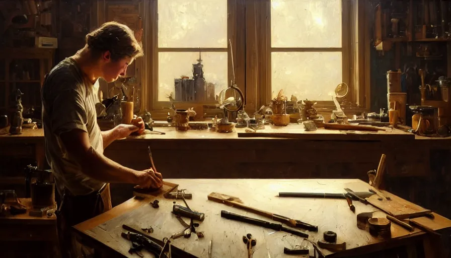 Prompt: highly detailed oil painting | very intricate | cinematic lighting | award - winning | craftsman | building a piece of furniture in their workshop | by greg rutkowski, by j. c. leyendecker, beautiful cinematic light, american romanticism, by anders zorn, by greg manchess, by jessica rossier, artstation, cgsociety, official art, octane