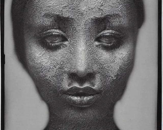 Prompt: a black and white photo of a woman's face, a charcoal drawing by Hans Erni, behance, harlem renaissance, tintype photograph, ambrotype, multiple exposure