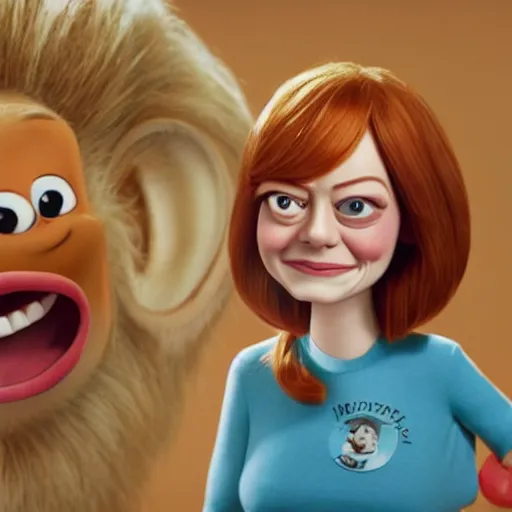 Image similar to hyperrealistic emma stone caricature surrounded by long fat frankfurter sausages by bob byerley and aardman animation, mascot, target reticles