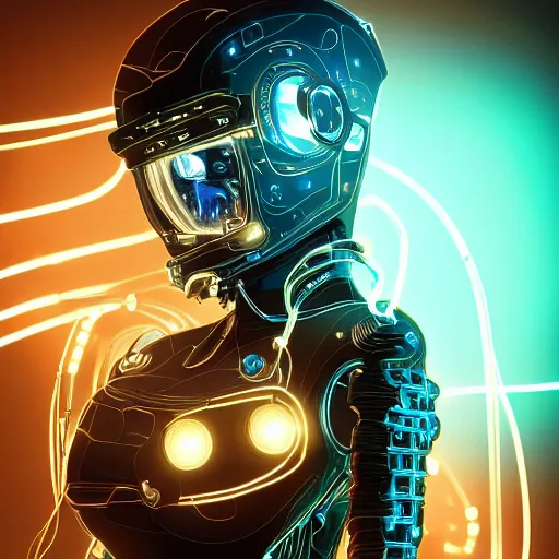 Image similar to a beautiful fighting body of a bot fighter pilot woman mostly made of wires and electronic circuits led luminous, an ultrafine detailed illustration by james jean, final fantasy, intricate linework, bright colors, behance contest winner, vanitas, angular, altermodern, unreal engine 5 highly rendered, global illumination, radiant light, detailed and intricate environment