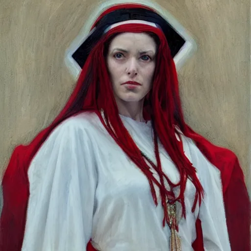 Image similar to priestess wearing white and red, by donato giancola.