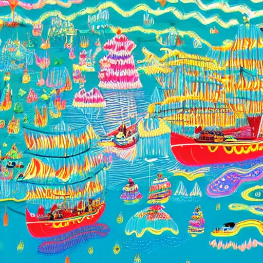Prompt: psychedelic boat party, high resolution artistic photograph, bokeh, 4 k, epic, majestic, beautiful, by vogue magazine, by richard scarry and quentin blake