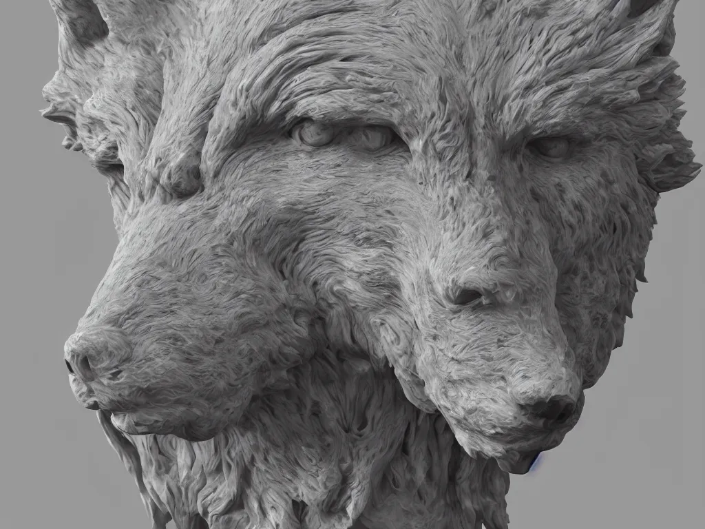 Prompt: marble sculpture of wolf head, 4k, octane render + unreal render + cinema4d render