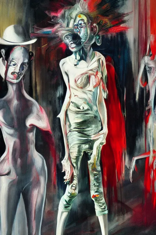 Image similar to crazy fashion catwalk, hauntingly surreal, highly detailed painting by francis bacon, edward hopper, adrian ghenie, gerhard richter, and james jean soft light 4 k,