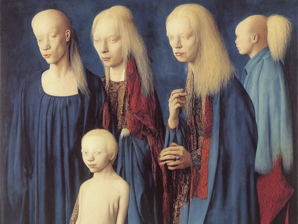 Prompt: Portrait of albino mystic with blue eyes, with young beautiful blonde woman. Painting by Jan van Eyck, Audubon, Rene Magritte, Agnes Pelton, Max Ernst, Walton Ford