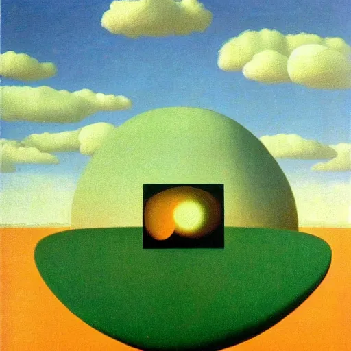 Image similar to green plains with an orange Oblivion portal, surrealist painting by Rene Magritte