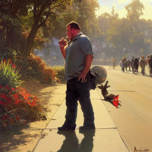 Image similar to alex jones begging on the side of the road, award winning painting by stanley artgerm lau, greg rutkowski, thomas kindkade, alphonse mucha, loish, norman rockwell,