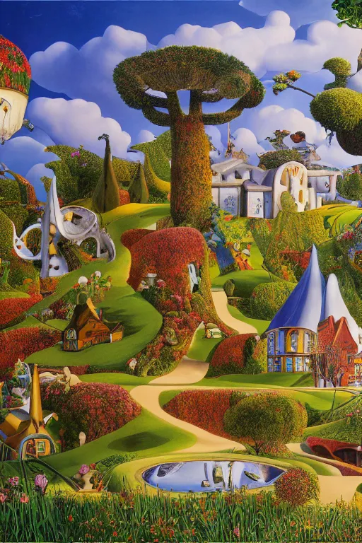 Image similar to a magical realism landscape in wonderland with house and trees by jacek yerka and salvador dali, detailed matte painting, 8 k resolution