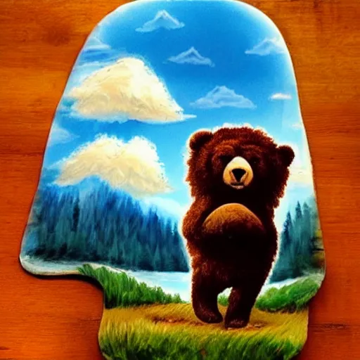 Image similar to bob ross riding a bear over the mountains with happy trees and happy clouds in the background