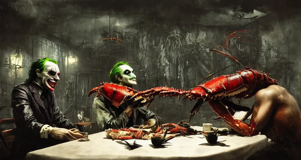 Image similar to the joker and batman sharing lobster dinner in arkham asylum, by giger, stalenhag, beksinski, retro sci - fi movie, highly detailed, photorealistic, illustration, matte painting, 8 k, hd, trending on artstation