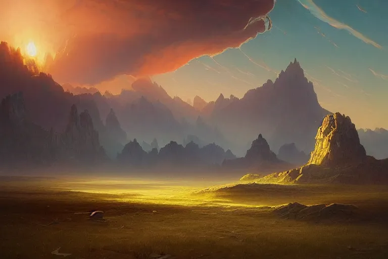 Image similar to a beautiful oil painting of serene alien landscape under the horizon line in the upper third by john howe and albert bierstadt and alena aenami and dan mumford and dave noton, unreal engine, trending on behance
