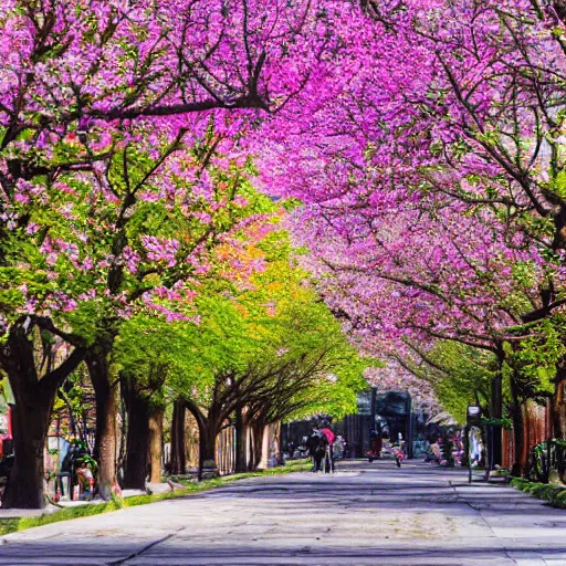 Image similar to a landscape of spring in the big city, trees are filled with color with flowers and plantlife blooming with vigor and grace