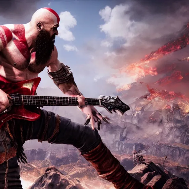 Prompt: kratos rocking out on a stratocaster guitar, cinematic render, god of war 2 0 1 8, playstation studios official media, sunglasses