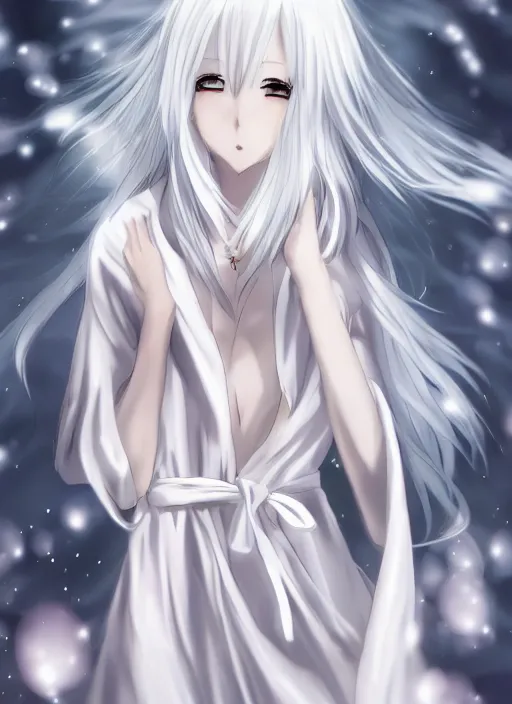 Image similar to thin young anime girl with silver hair, pale and wan!, wearing robes, anime manga goddess, flowing hair, pale skin, young cute face, covered!!, clothed!, 4 k resolution, aesthetic!,