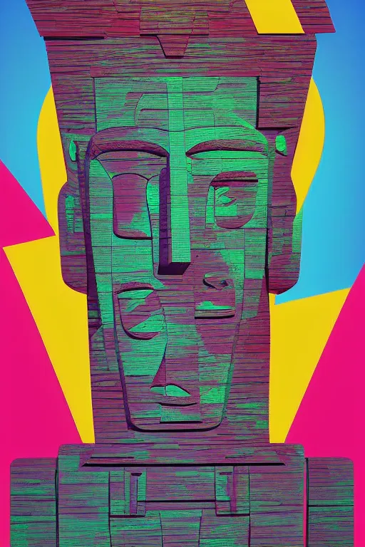 Image similar to cubist moai statue cutout digital illustration cartoon colorful beeple