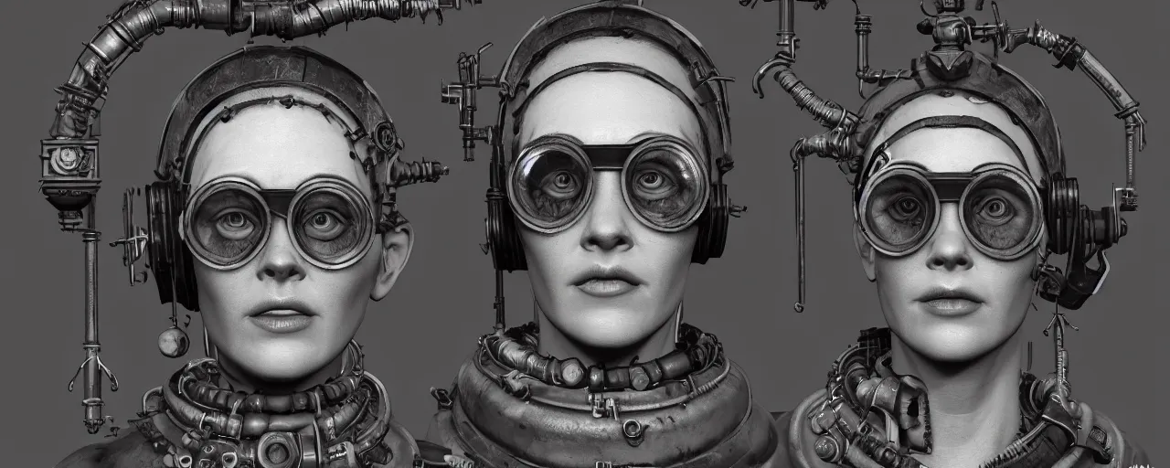 Image similar to detailed ink character concept art 3 / 4 portrait of tattooed stoic heroic emotionless butch blonde woman engineer with short slicked - back hair, wearing dark victorian goggles, wearing orange bandana around neck, working inside reactor room, awkward and uncomfortable and anxious, dirty. industrial space program, scifi, hyper detailed. octane render. trending on artstation