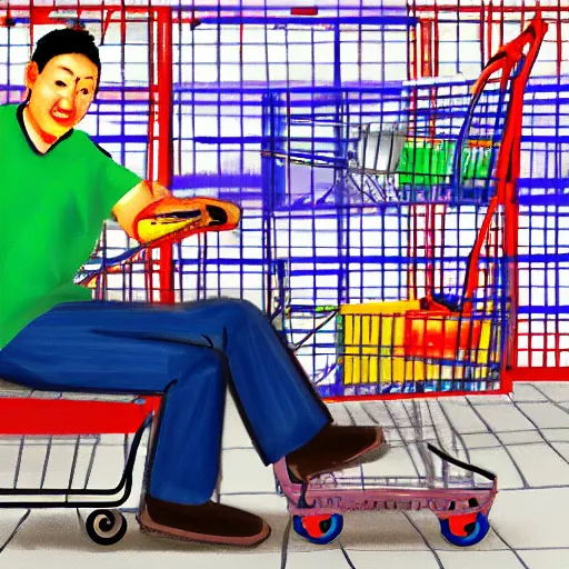 Prompt: chinese man sitting in shopping cart, realism style