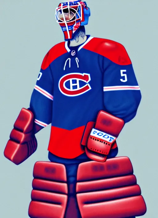 Image similar to habs carey price goalie, fog bionic vogue, james jean, trending on artstation