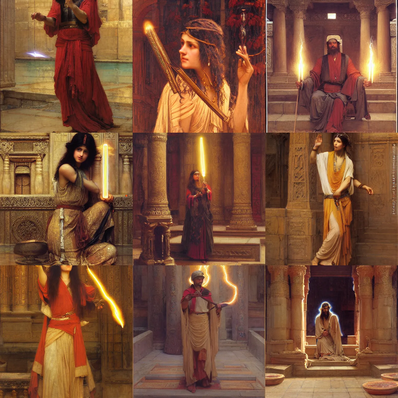 Prompt: orientalist portrait of a sage casting a glowing lightning magic spell in a sandstone temple intricate portrait by john william waterhouse and Edwin Longsden Long and Theodore Ralli and Henryk Siemiradzki, very coherent symmetrical artwork. Cinematic, hyper realism, high detail 8k